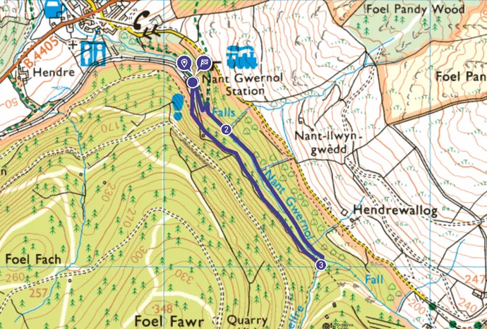 Ordnance Survey map showing the circular walking route around Nant Gwernol, near Abergynolwyn